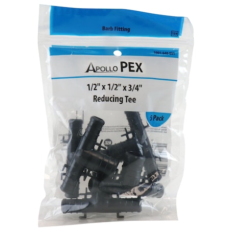 Apollo 1/2 in. x 1/2 in. x 3/4 in. Plastic PEX Barb Reducing Tee (5-Pack), 5PK PXPAT1212345PK